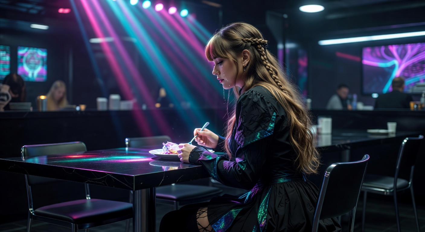 Young woman with braided hair writing on a notepad at a neon-lit nightclub bar.