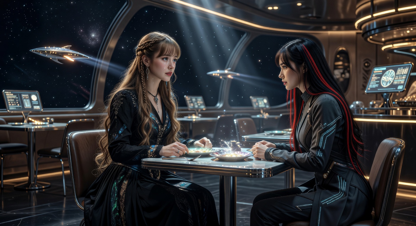 Two women in futuristic outfits dine at a sleek space-station restaurant with starry view and passing ships.
