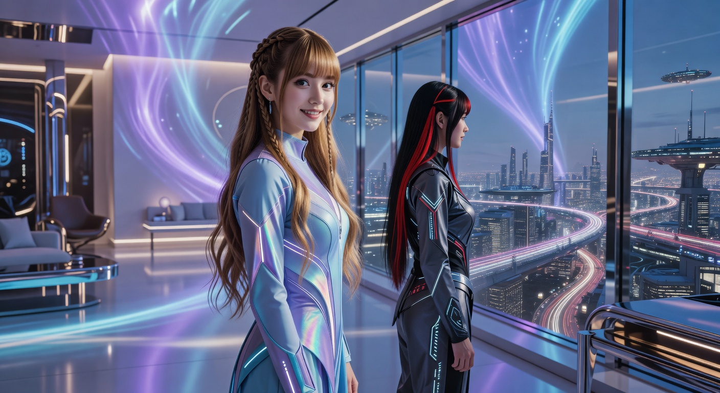 Futuristic scene with two women in luminous sci-fi suits inside a glass-walled high-tech lounge.