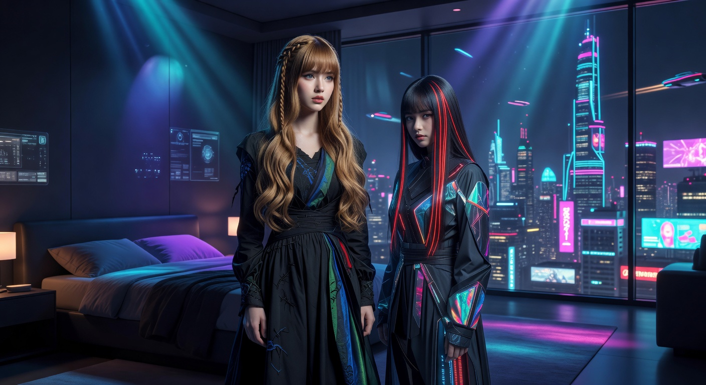 Two women in futuristic black outfits stand in a neon-lit, cyberpunk bedroom with a holographic cityscape backdrop.