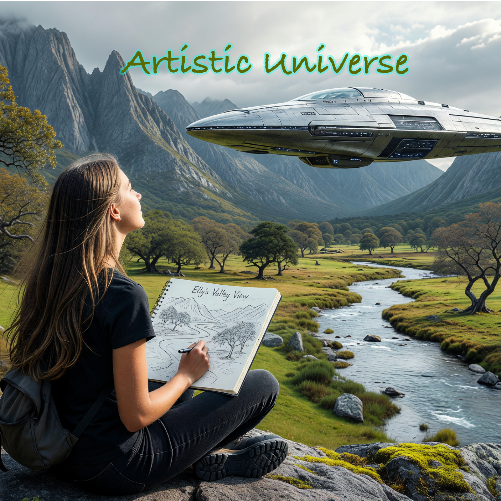 Woman sketching a valley landscape as a futuristic spaceship flies overhead in a lush mountain scene.