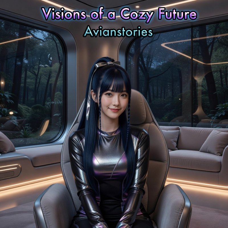 Young woman with blue hair in a metallic, futuristic outfit sits inside a cozy sci-fi vehicle cabin.
