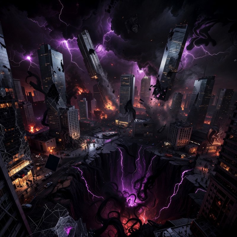 Chaotic city skyline with purple lightning, collapsing buildings, and a glowing purple chasm form...