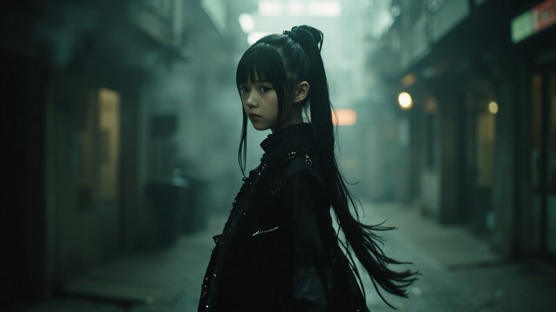 A moody portrait of a young woman in a black gothic outfit standing in a foggy, neon-lit alley.