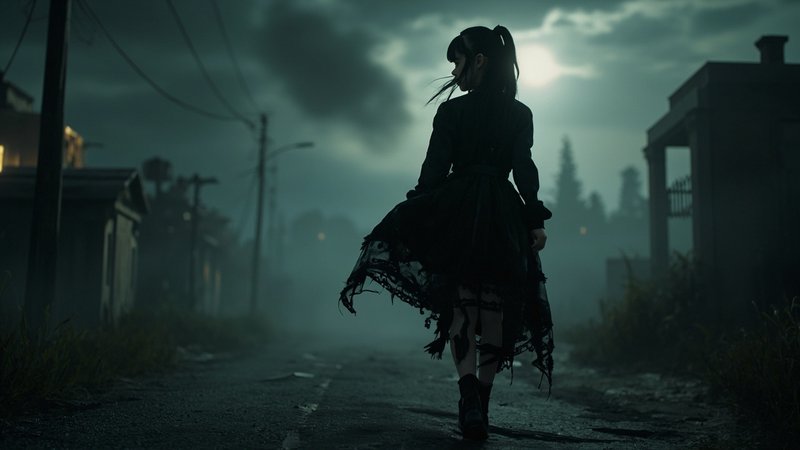 Silhouette of a girl in a torn black dress walking down a foggy, desolate road at dusk.