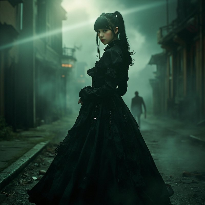 Young woman in a dramatic black Gothic dress stands in a misty alley, looking over her shoulder.