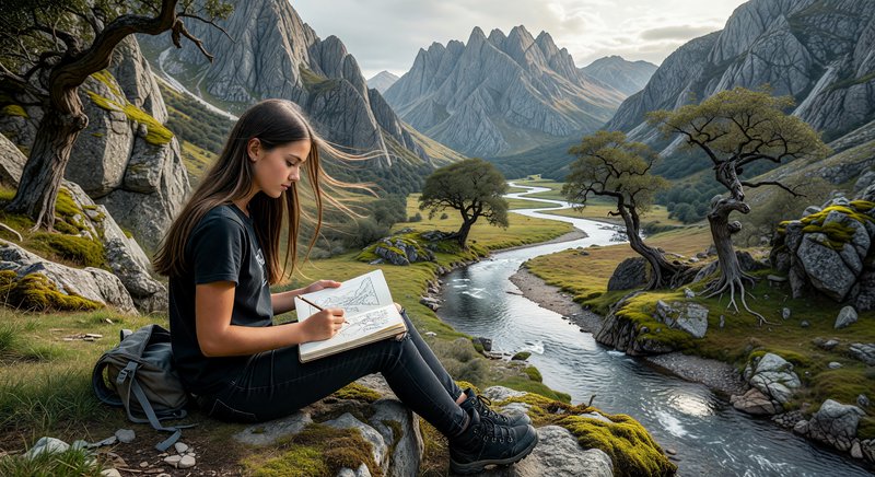 Woman sketching outdoors in a rugged valley with a winding river and jagged mountains.
