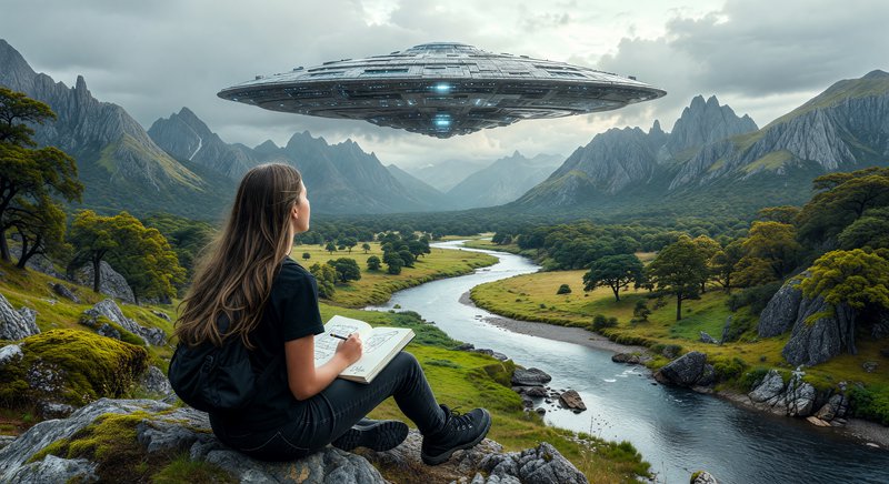 Woman sketching on a rocky ledge as a futuristic UFO hovers over a lush valley and river.