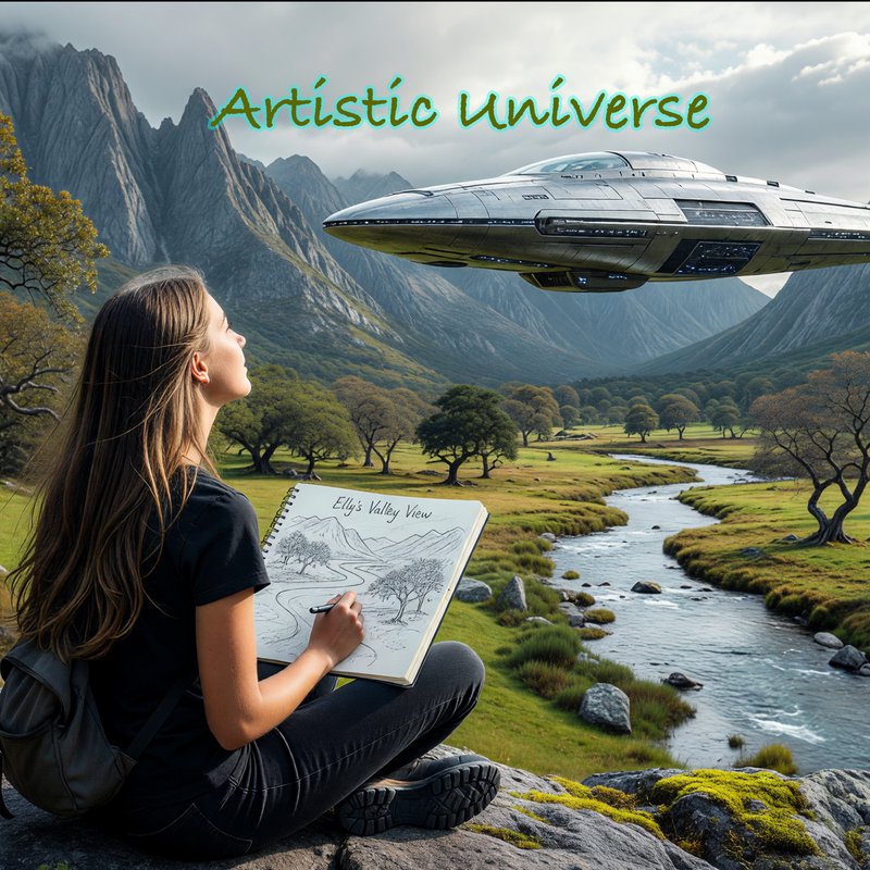 Woman sketching a valley landscape as a futuristic spaceship flies overhead in a lush mountain sc...