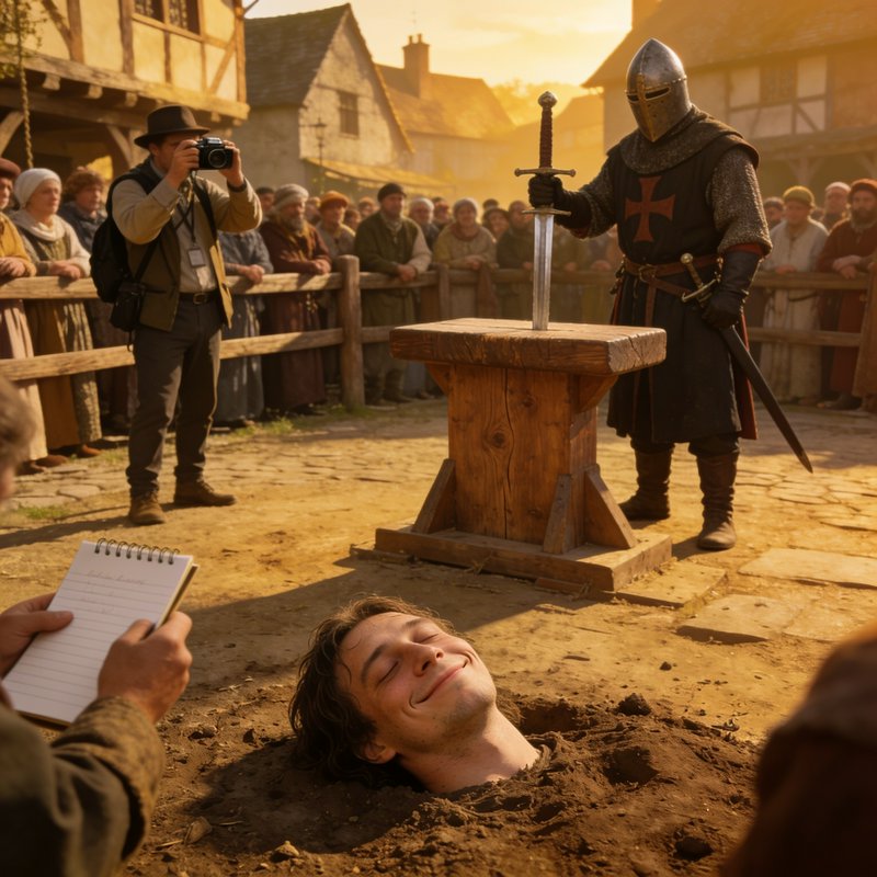 Surreal anachronistic scene: buried smiling man, Templar knight, modern photographer in sunlit me...
