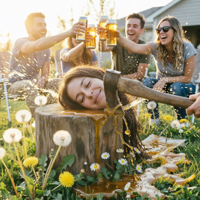 Surreal comedic backyard party: friends toast beer cans as an axe pours beer over a woman's head ...