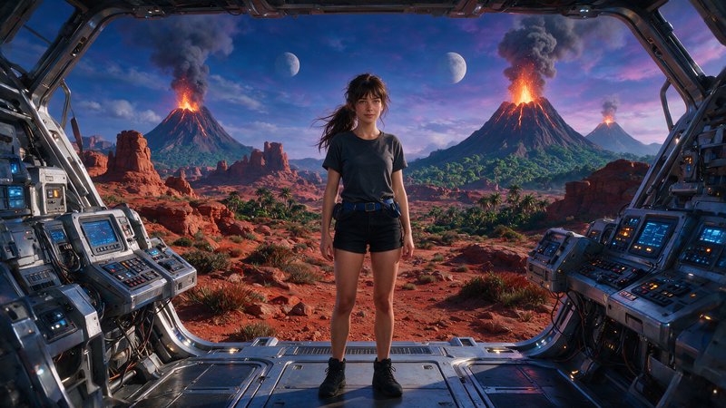 Young female explorer stands in a spacecraft cockpit doorway overlooking a volcanic alien planet ...