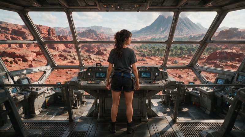 Female explorer stands in a spacecraft cockpit looking out at a red rocky alien planet with dista...