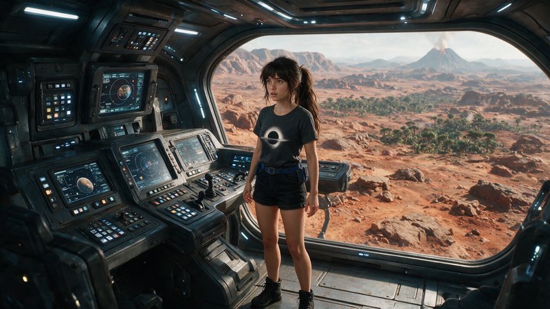 Young female explorer stands inside a futuristic spaceship cockpit overlooking a rocky red alien ...