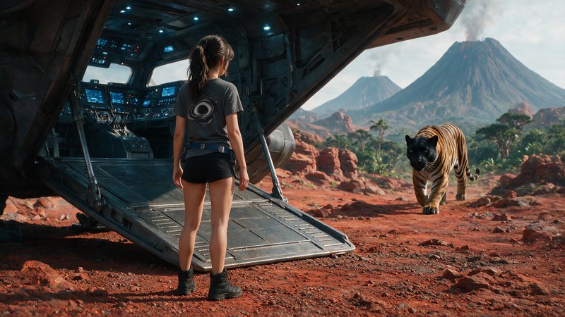 Young female explorer at landed spaceship ramp faces a hybrid striped alien big cat on a red volc...