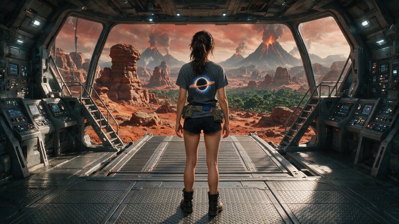 Back view of female explorer standing in a landed spaceship doorway, looking out at a volcanic re...