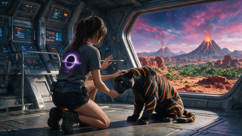 Young female explorer pets orange-striped alien panther inside a spaceship overlooking a colorful...