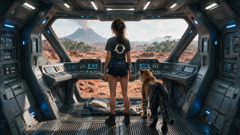 Female space explorer and her tiger companion stand inside a landed spaceship cockpit, looking ou...