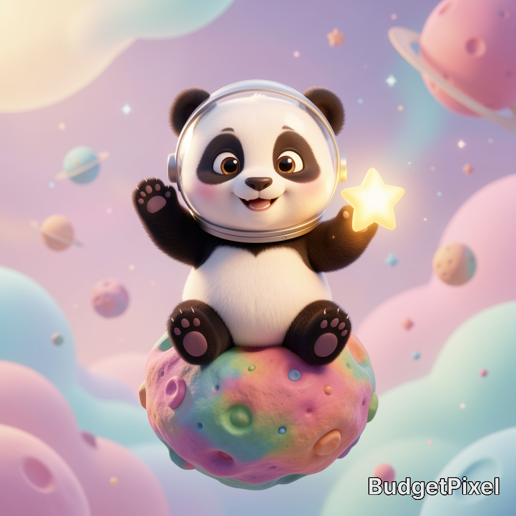 Cartoon panda in a space helmet riding a colorful, moon-like ball in a pastel space scene