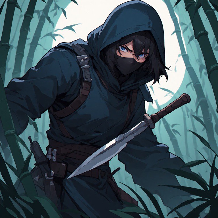 A masked ninja in a dark hooded cloak holds a blade amid a dense bamboo forest.