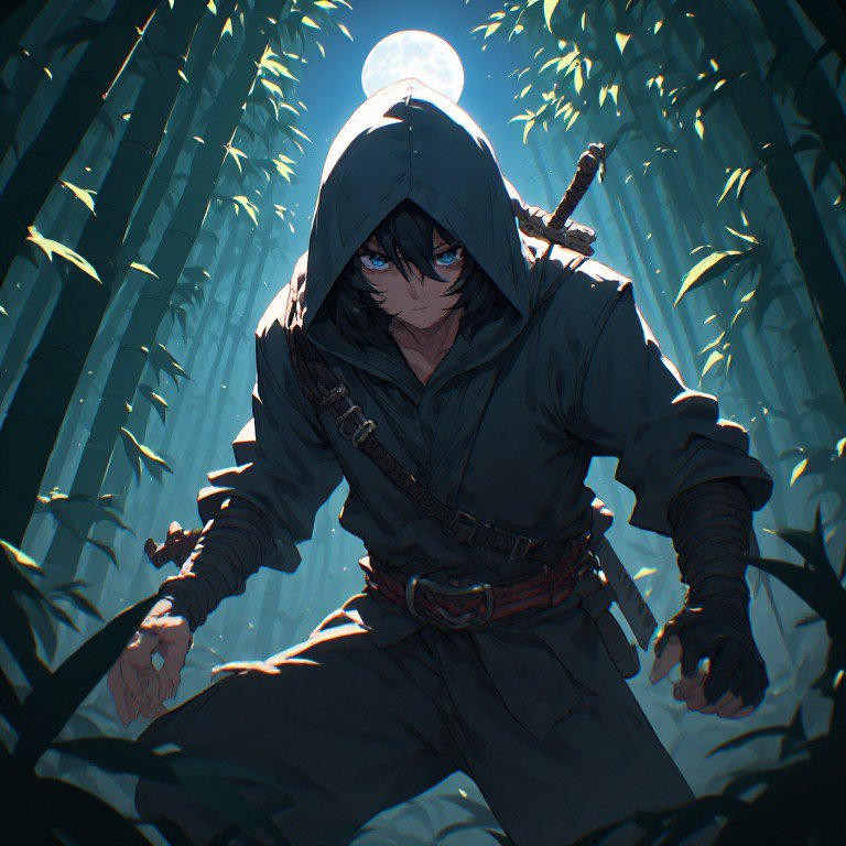 Hooded ninja-like figure crouching in a moonlit bamboo forest at night.
