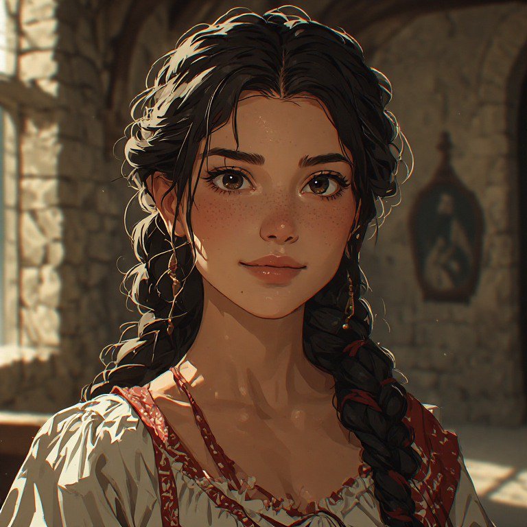 Illustrated young woman with dark braided hair and freckles in a warm, sunlit rustic interior.