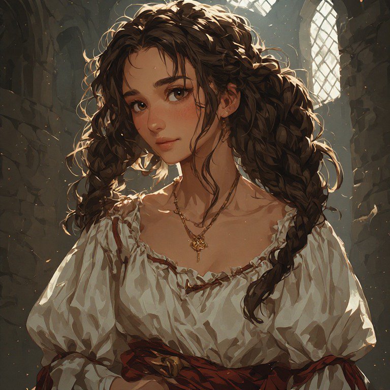 Anime-style fantasy young woman with long braided brown hair in a medieval stone castle, lit by s...