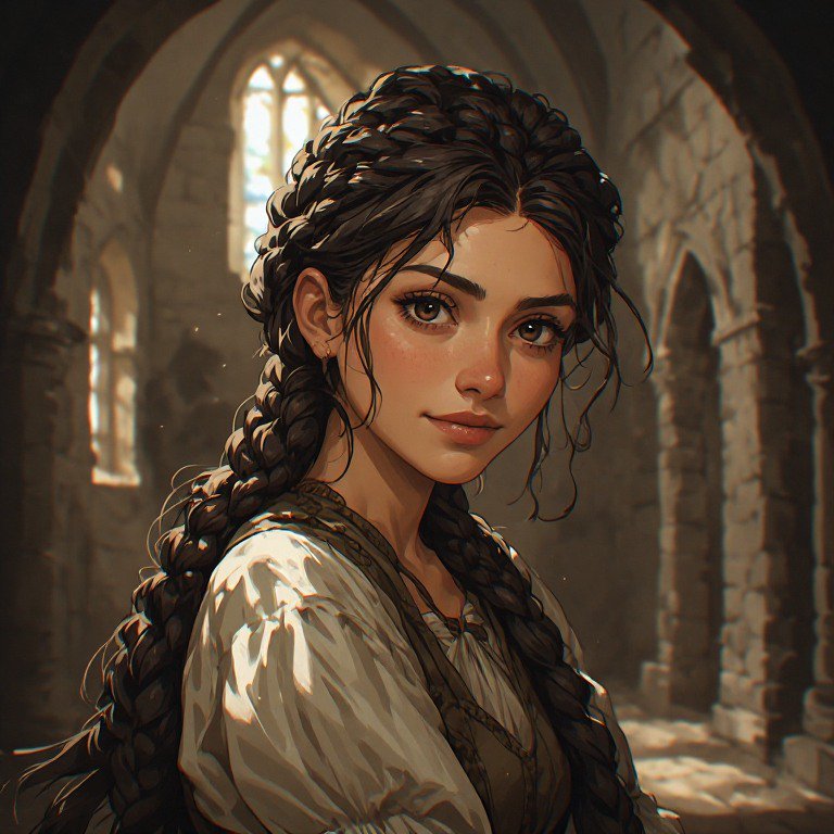 Digital illustration of a young medieval peasant woman with long dark braids, posed in a sunlit o...