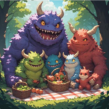 Colorful friendly horned monster family enjoying a fruit picnic on a checkered blanket in a sunny...