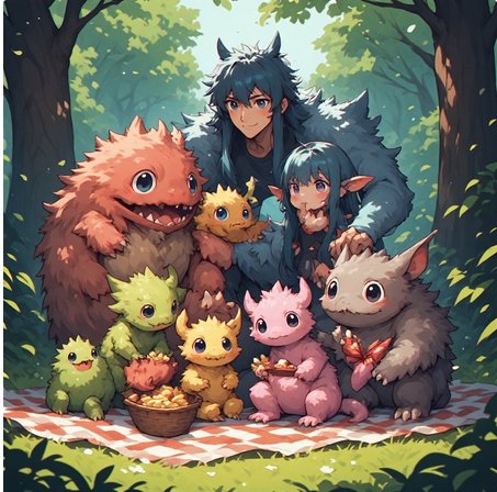 Anime fantasy group of characters and cute fluffy monster companions enjoying a picnic in a sunli...