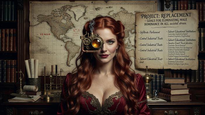 Red-haired steampunk woman with brass mechanical eyepiece stands in a vintage wood-paneled study ...