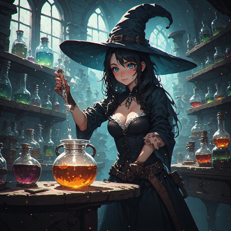 Anime young witch in a tall pointed hat pours liquid from a pipette into a glowing potion in a mi...