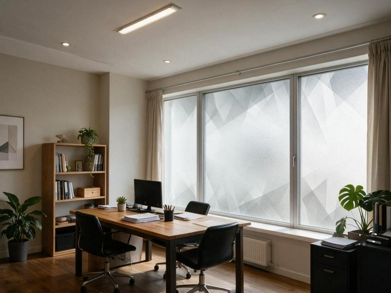 Modern minimalist shared home office with wooden desk, office chairs, houseplants, and geometric ...
