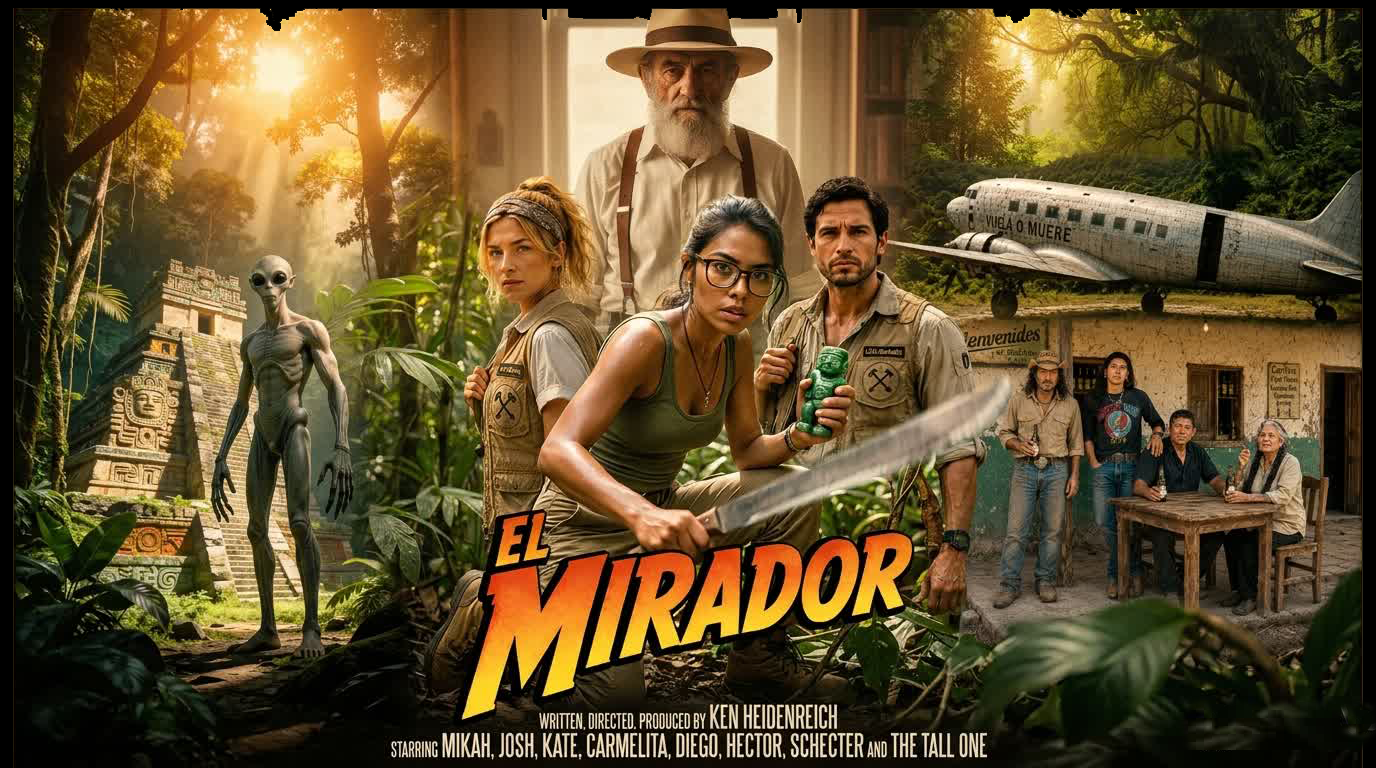 El Mirador adventure movie poster showing explorer cast, grey alien, Mayan ruins, and crashed plane in a lush sunlit jungle