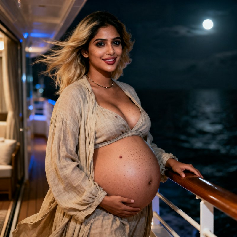 Pregnant woman smiling on a yacht at night with a full moon over the ocean.