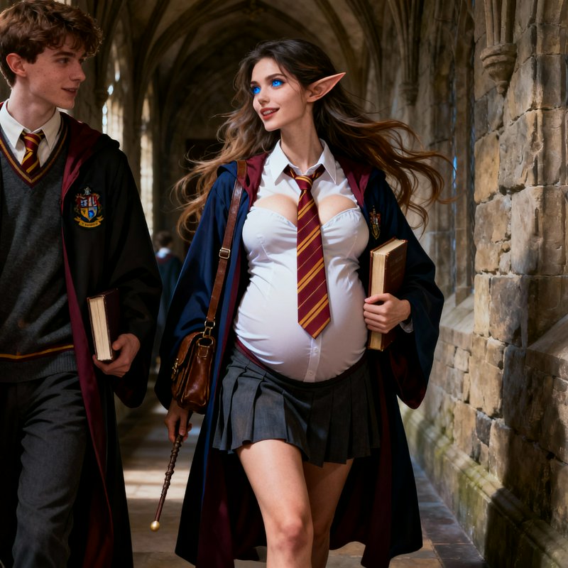 Pregnant elf witch and wizard classmate walk through vaulted magical school corridor holding text...