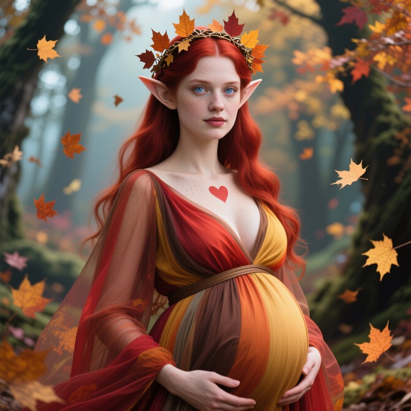 Pregnant autumn elf with a maple leaf crown stands amid falling leaves in a misty enchanted forest