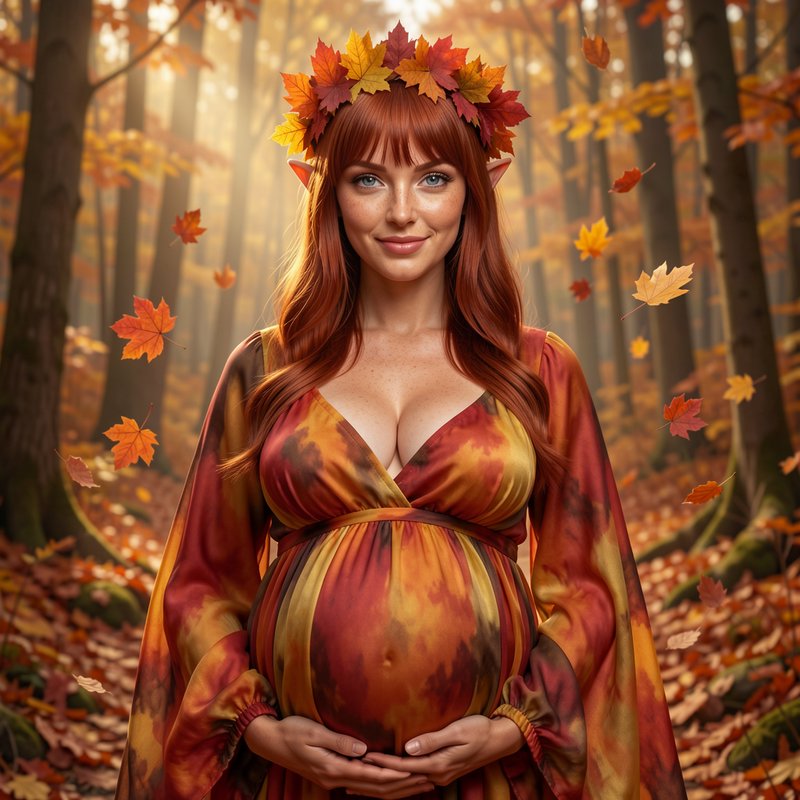 Pregnant autumn elf wearing a maple leaf crown stands in a sunlit fall forest as leaves drift aro...