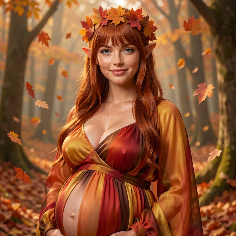 Pregnant autumn elf with a maple leaf crown stands in a sunlit fall forest as leaves drift around...