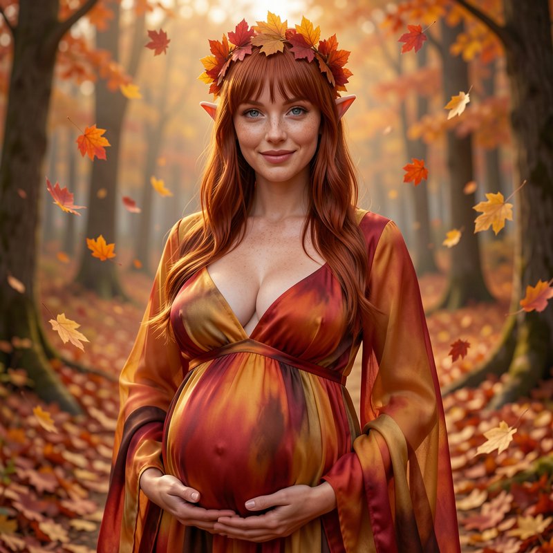 Pregnant autumn elf wearing a maple leaf crown stands in a sunlit fall forest as leaves drift aro...