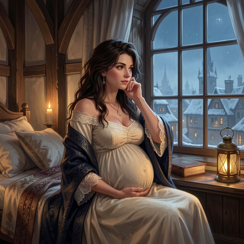 Pregnant historical woman sits on a bedroom bed gazing out at a snowy medieval winter town at night