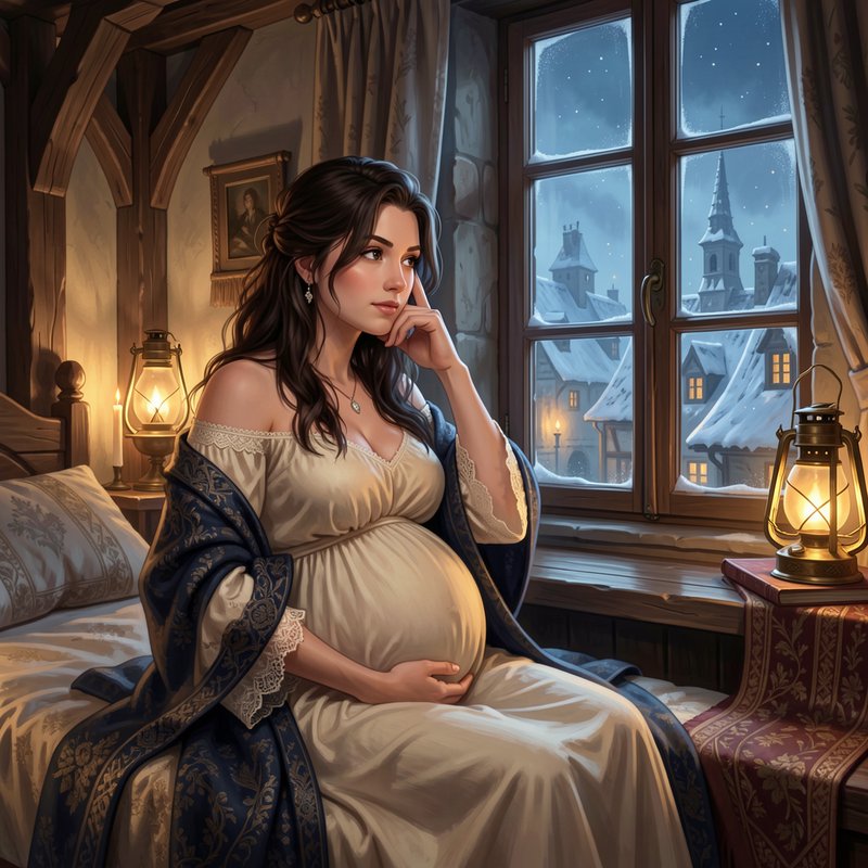 Pregnant woman in period dress sits on a cottage bed gazing out at a snowy winter village at twil...