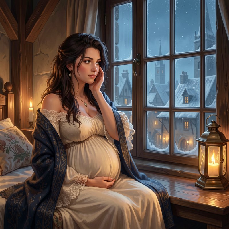Thoughtful pregnant woman sits by a window gazing out at a snow-covered winter town at dusk