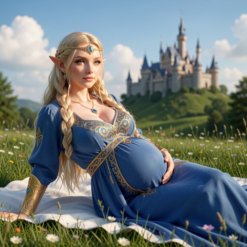 Pregnant elven princess in an ornate blue gown reclines in a wildflower meadow with a fairytale c...