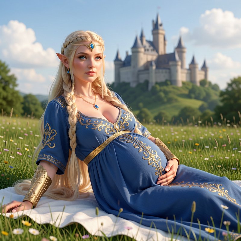 Pregnant blonde elven princess reclining on a meadow blanket with a fairytale castle in the backg...