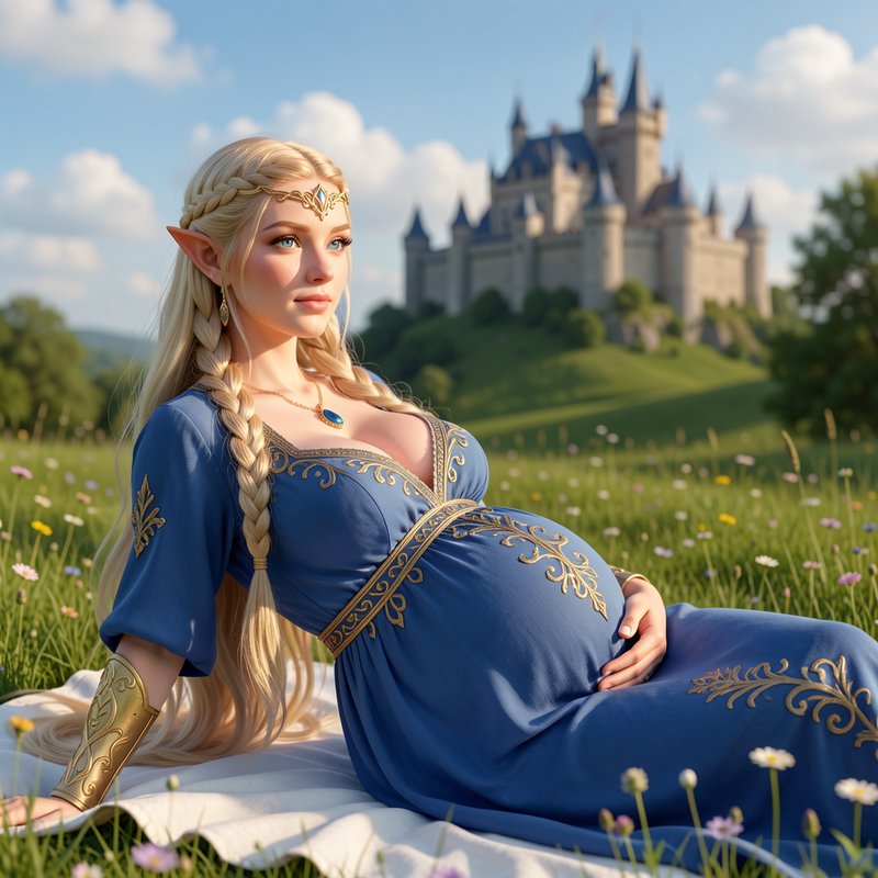 Pregnant elven princess in a blue gown reclines in a wildflower meadow with a fairytale castle be...