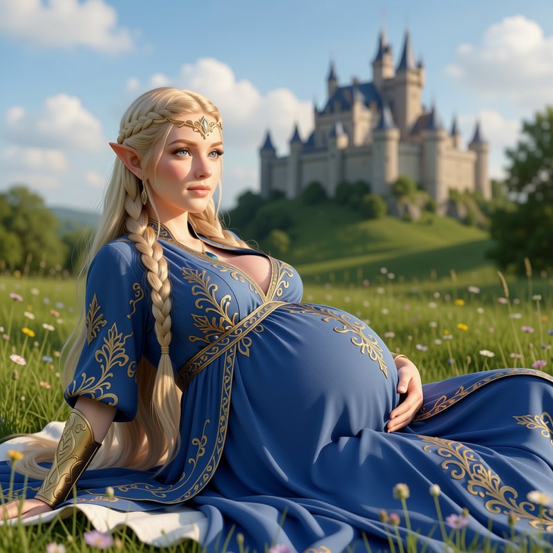 Pregnant blonde high elf in an ornate blue gown rests in a wildflower meadow with a fantasy castl...