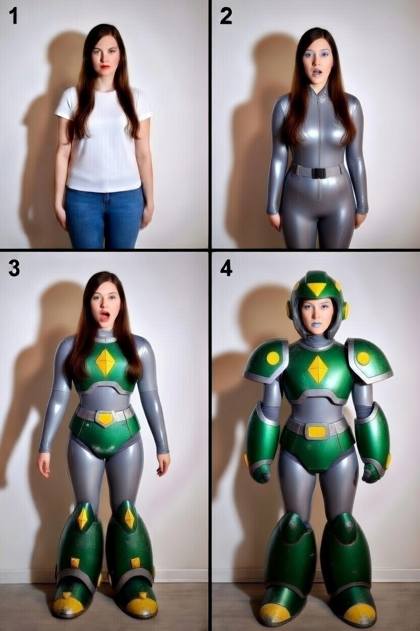 4-panel sequence showing a woman transforming from casual clothes into a full green and grey retro video game robot cospla...