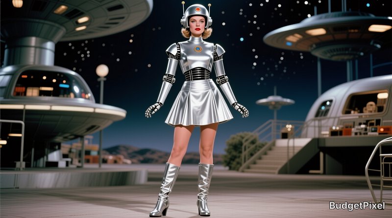 Retro-futuristic woman in a silver robot costume stands on a mid-century space colony with flying...