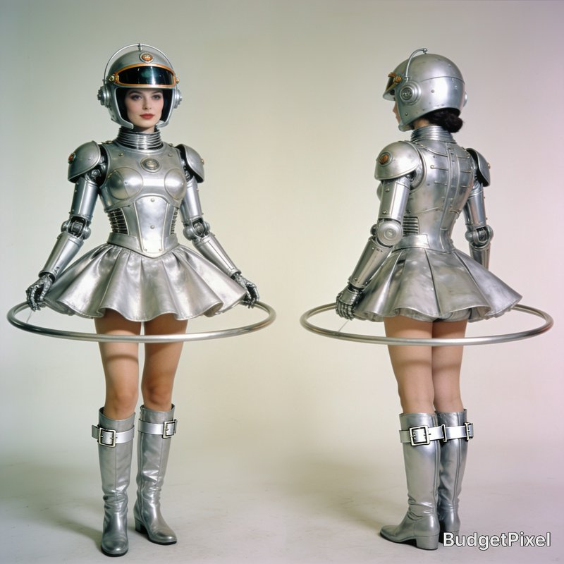 Front and back views of a retro futuristic female robot space character in a silver suit holding ...